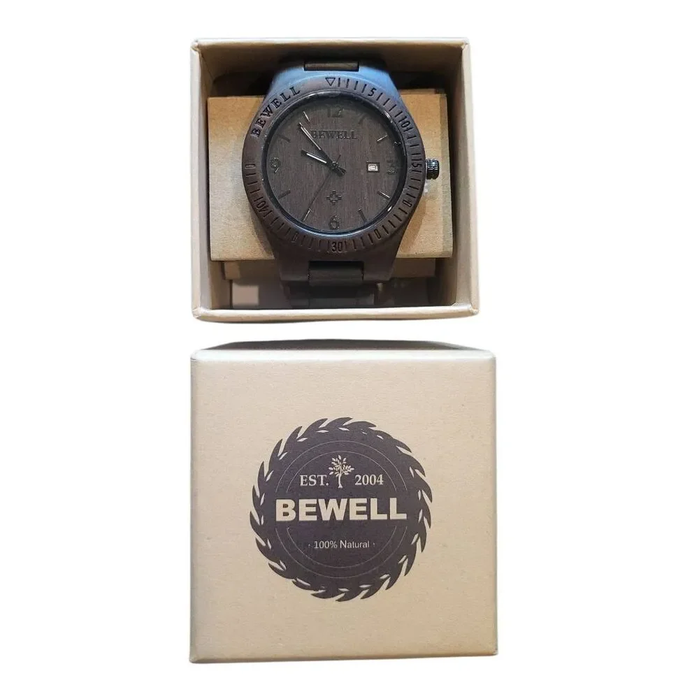NIB Bewell Watch Men's Dark Ebony Analog Wristwatch Wood Grain Minimalist